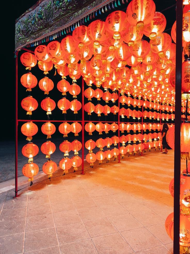 Chinese New Year celebrations in Shanghai with lanterns and temple